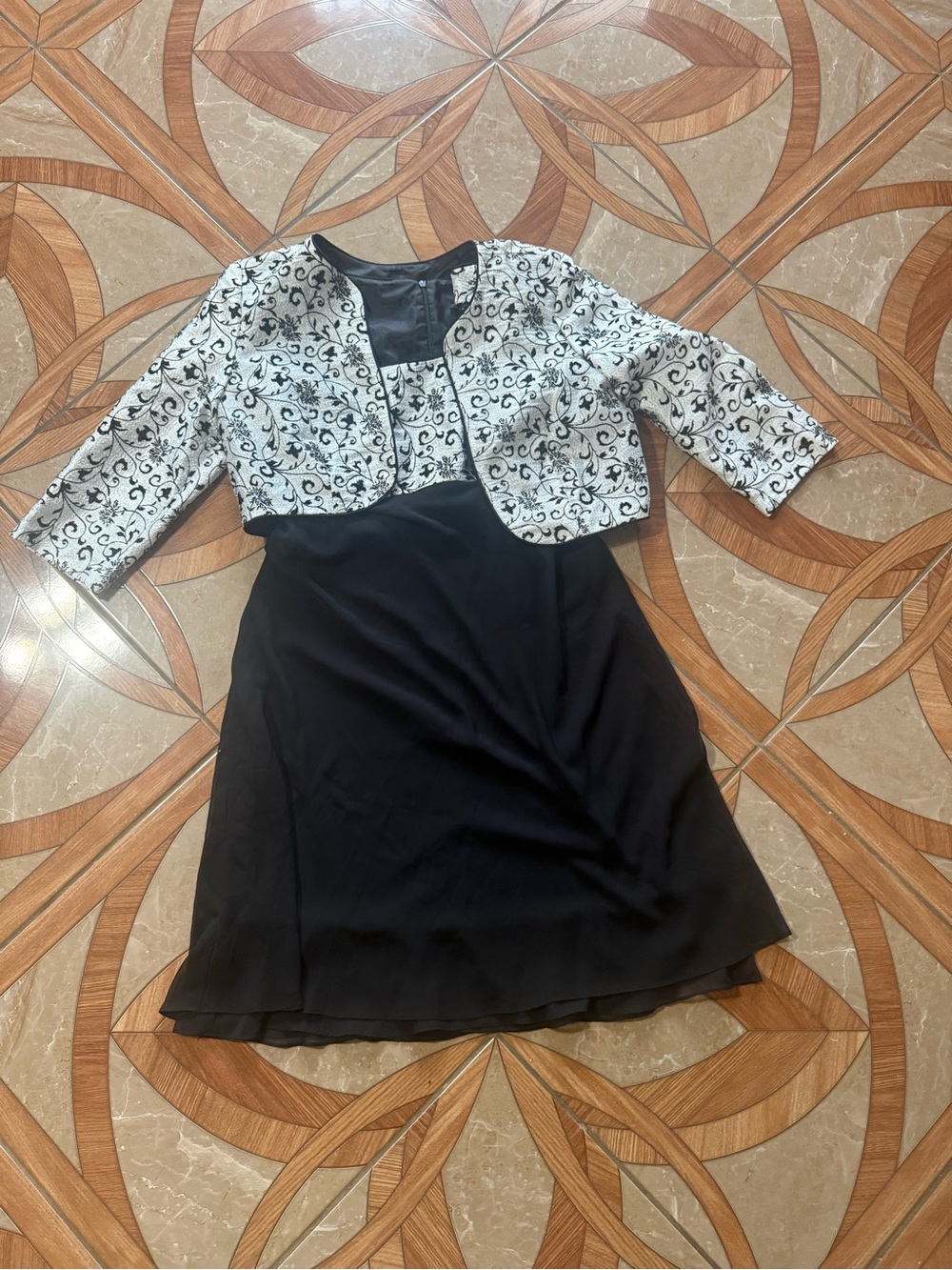 Women Black Dress with White Patterned Bolero